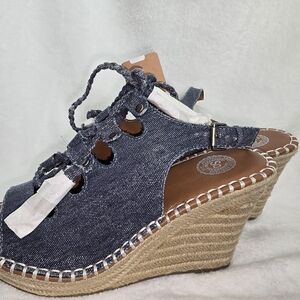 SO Denim Wedge Sandals with Tan Accents